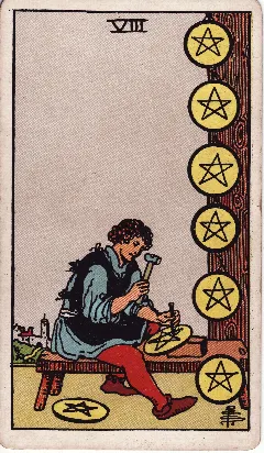 Eight of Pentacles tarot card, Rider-Waite-Smith deck