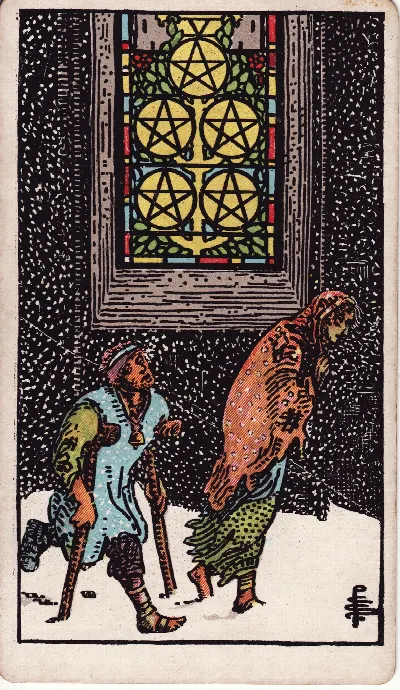 Five of Pentacles tarot card, Rider-Waite-Smith deck
