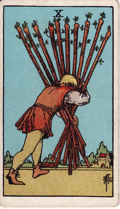 Ten of Wands tarot card, Rider-Waite-Smith deck